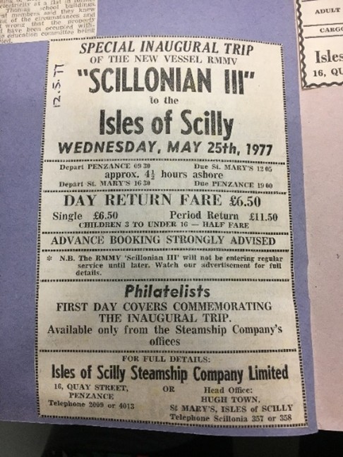 An advert from a local newspaper sharing details of Scillonian III's inaugural trip to the Isles of Scilly