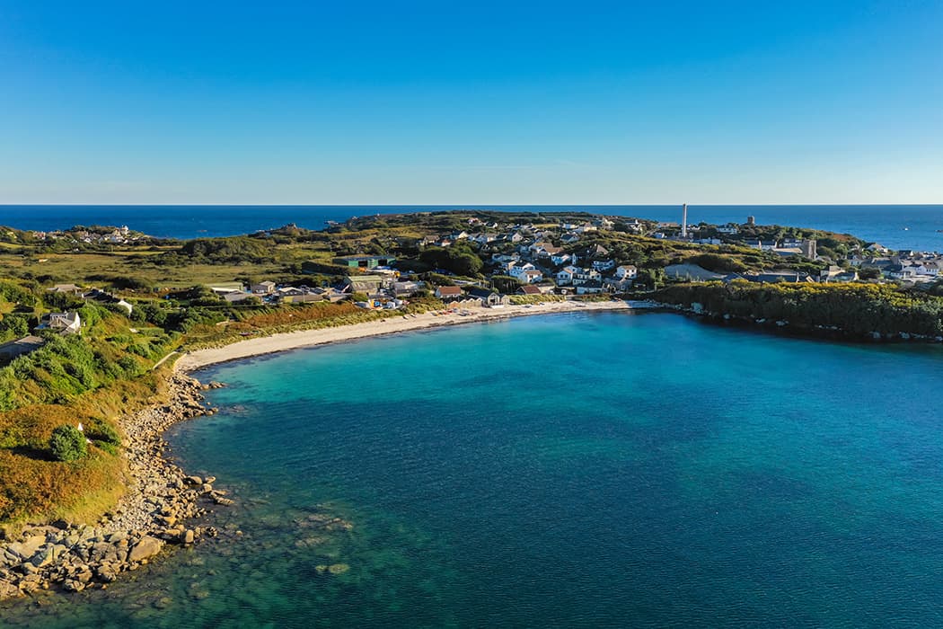 aerial view of Porthmellon beach, St Mary's on a sunny day