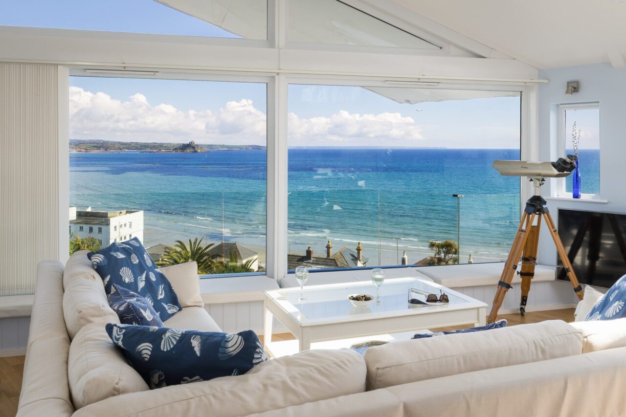 Living area at Lower Trenarthan with views overlooking Mounts Bay 