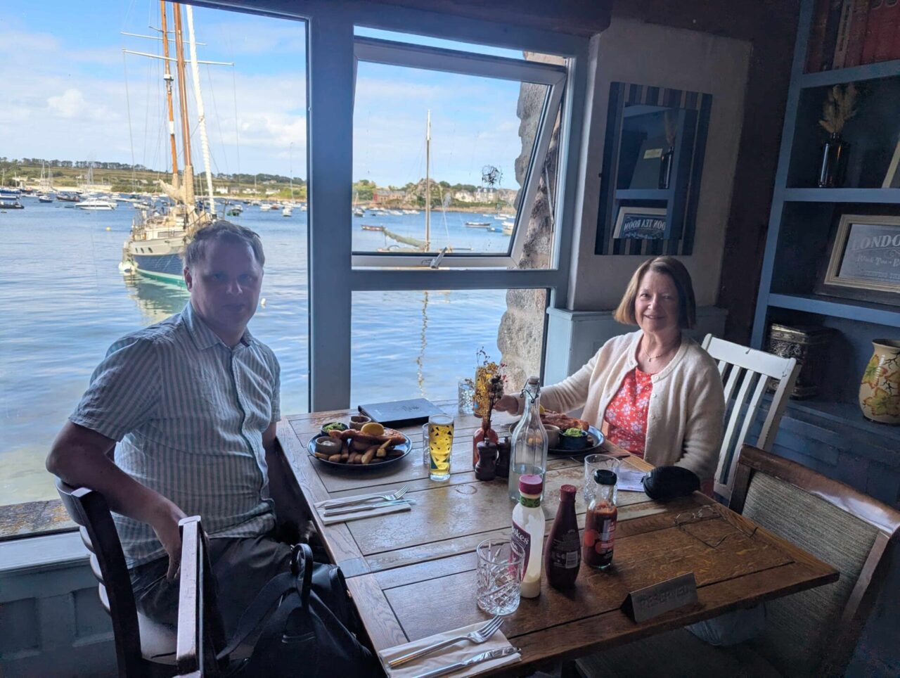 Marion and Simon having dinner at The Atlantic Inn, St Mary