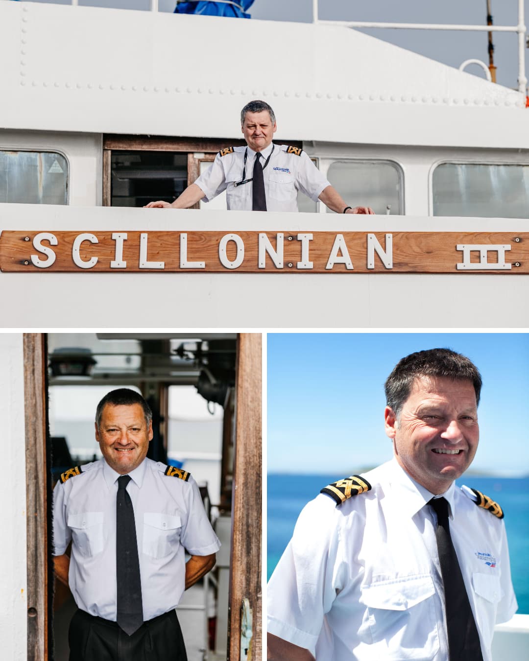 Three images of Dave Redgrave, Scillonian III Master, all on board the ship