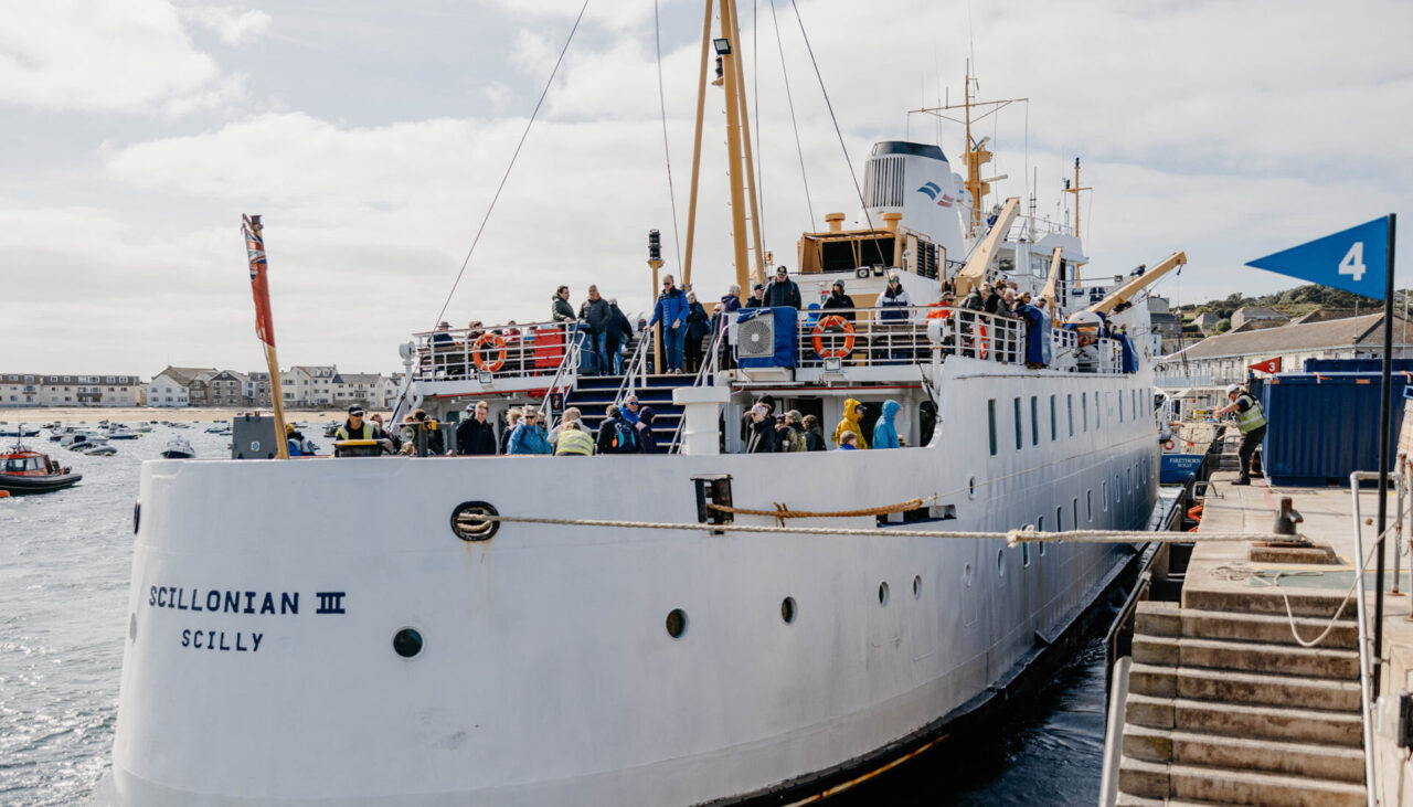 Scillonian III passenger ferry berthed in St Mary;s Harbour Isles of Scilly full of passengers 