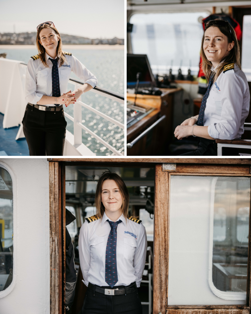 Three images of Victoria Bolitho, Scillonian III Master, on board the ship