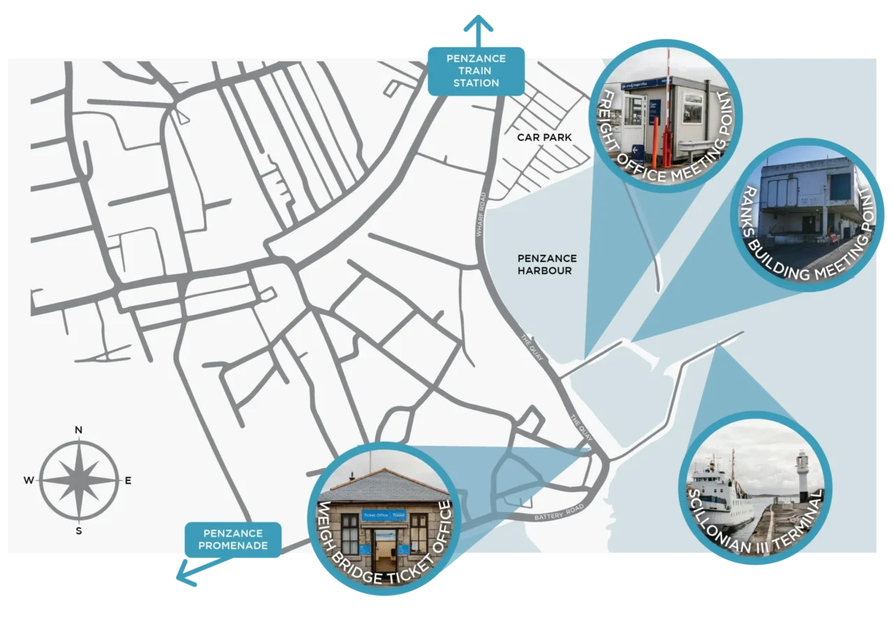 map of Penzance Harbour showing the passenger meeting points for Isles of Scilly freight vessels.