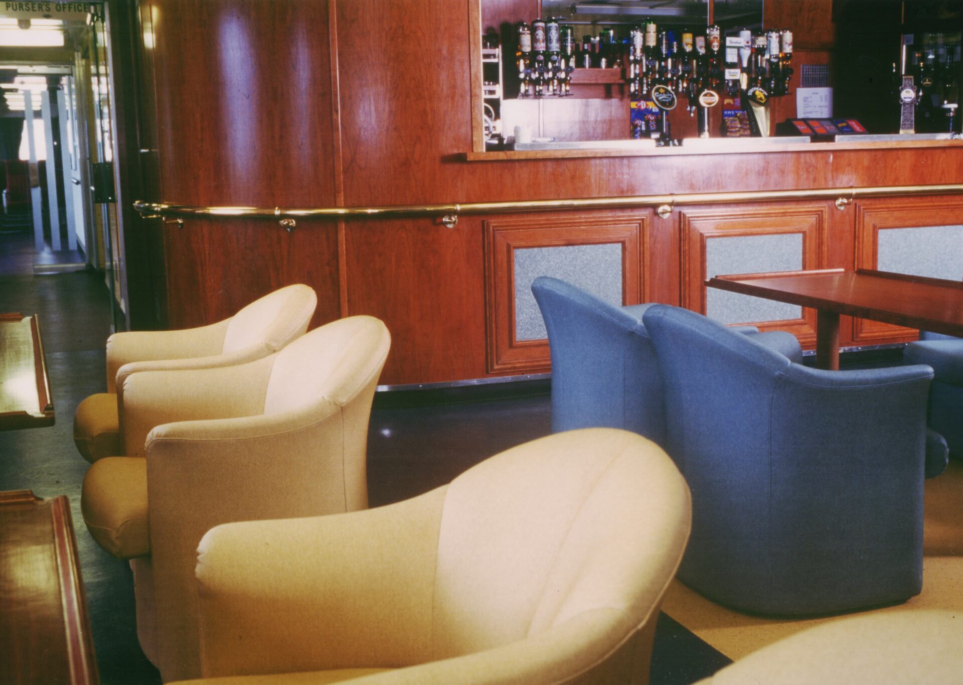 Look back at the Scillonian III café / bar in 1977. Seating and bar area.